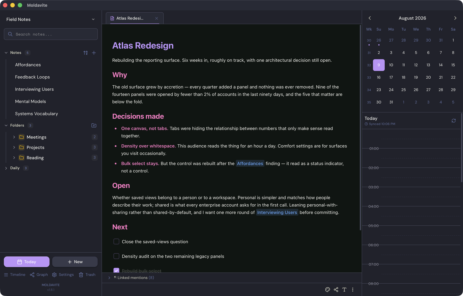 Moldavite editor with a Forge sidebar and calendar timeline