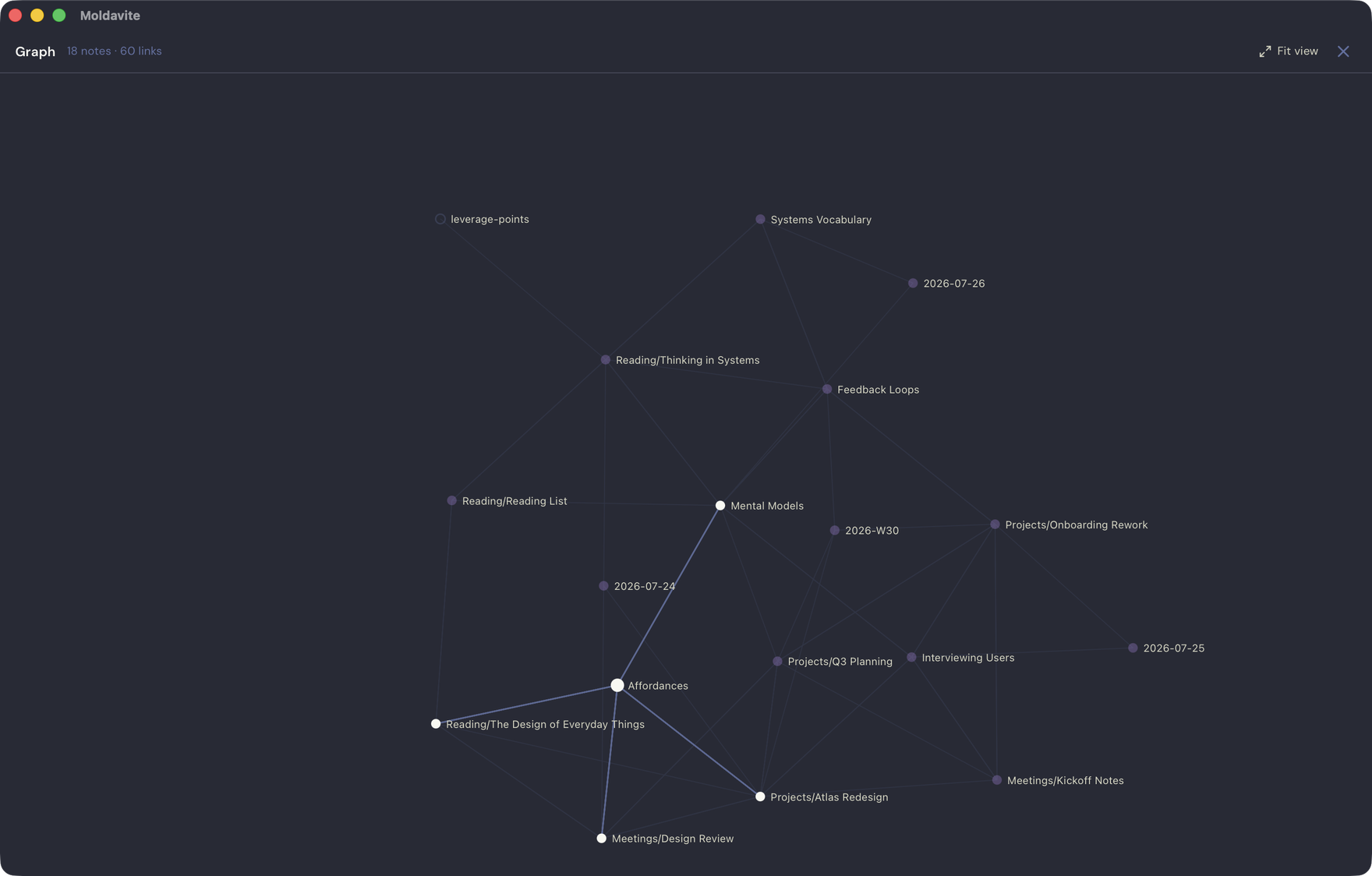 Moldavite graph view showing linked notes across a Forge