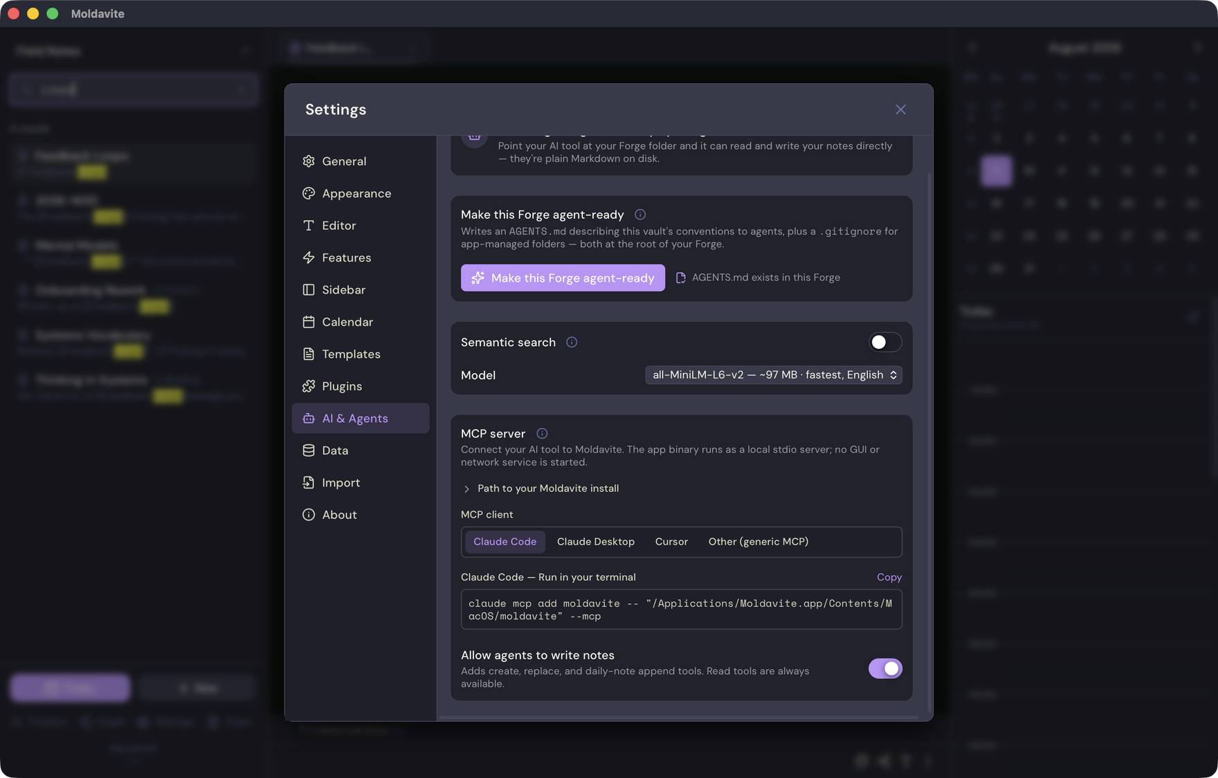 Moldavite AI and Agents settings with semantic search and MCP controls